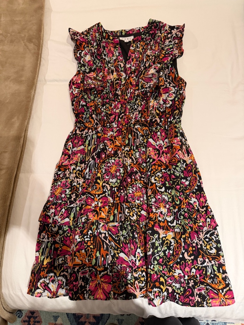 THML Black Floral Mini Dress with Pink & Orange Accents
